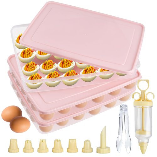 Boocalny 3 Pcs 72 Count Deviled Egg Containers with Lid, Portable Storage Carrier Egg Holder with Deviled Egg Injector, Stackable Deviled Egg Tray Plastic Egg Organizer for Fridge Easter Party