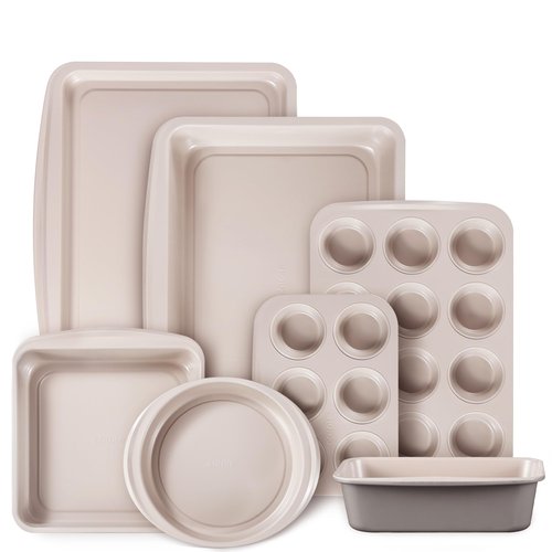 CAROTE 7-Piece Nonstick Stackable Baking Pans Set - Bakeware Sets Including Cookie Sheets for Baking, Muffin Pan, Bread Pan, Cake pan, Loaf Pan, Roasting Pan, Gray & Khaki