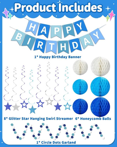 Blue Happy Birthday Decorations - Banner with Honeycomb Balls & Stars | Party Decor for All Ages