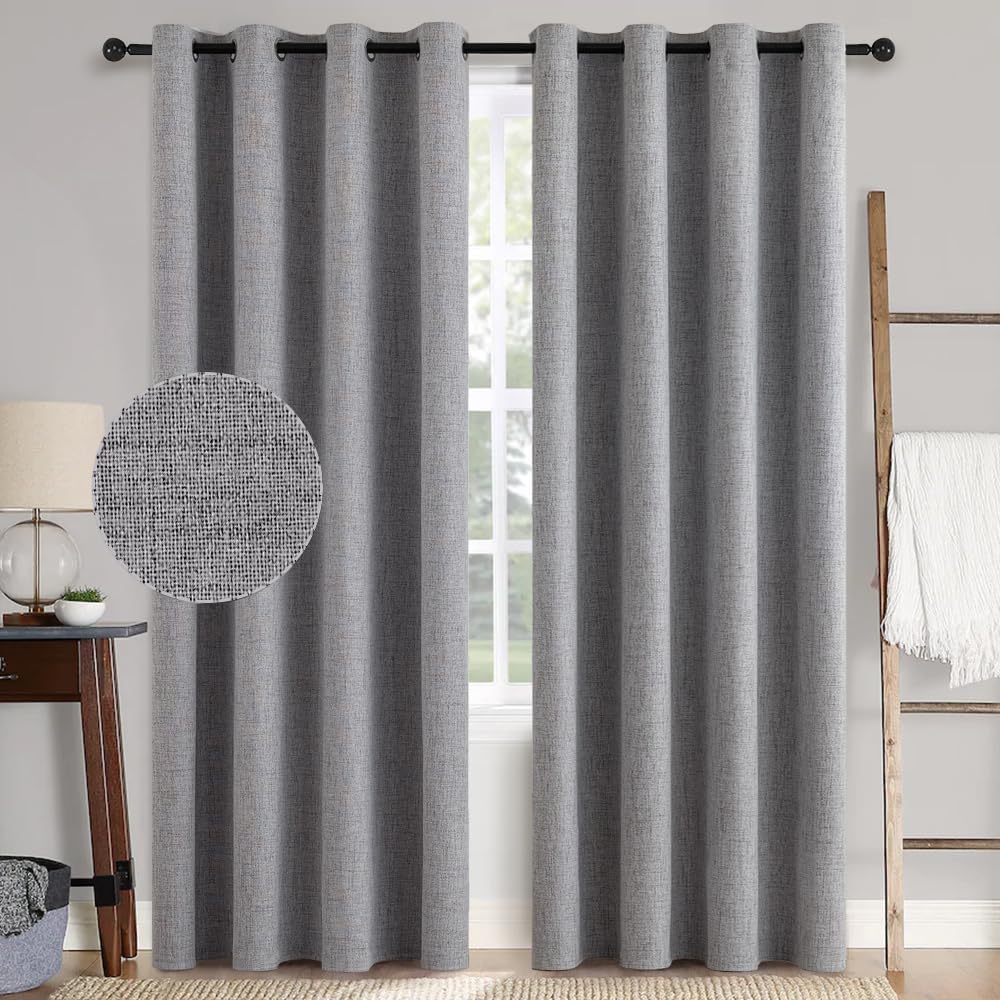 MIULEE 100% Blackout Linen Textured Curtains - Thermal Insulated Grey | 52 x 90 Inch (2 Panels)