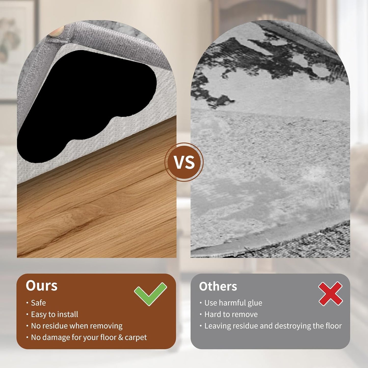 Skiennix Non-Slip Rug Grippers - Dual-Sided Adhesive Pads to Keep Corners Flat | 8 Reusable & Washable Pads for Hardwood Floors and Tiles