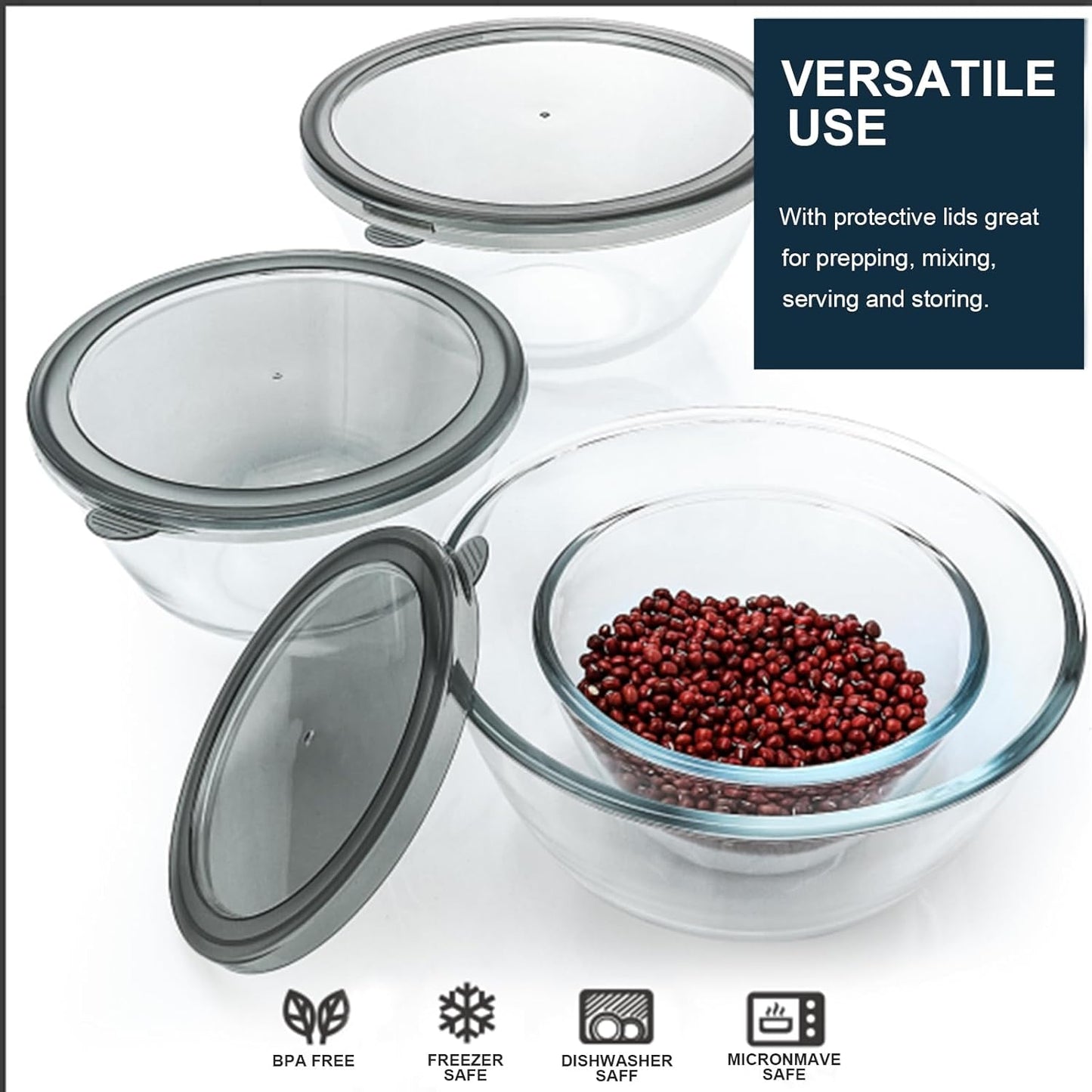 M MCIRCO Glass Mixing Bowls - 4-Pack Nesting Bowls Set for Meal Prep & Food Storage | BPA-Free, 0.8/1.7/2.9/4.8 Qt