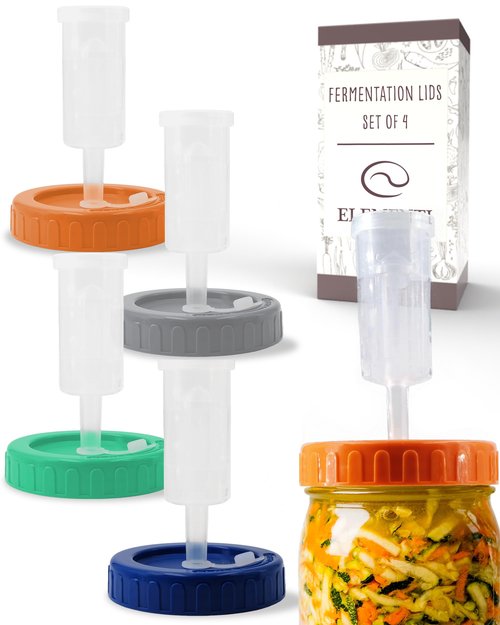 Elementi Mason Jar Fermentation Lids - Easy to Use Fermenting Lids for Wide Mouth Mason Jars - Make Delicious Sauerkraut & Kimchi, Airlocks Fermentation Kit, Burping Air Lock Fermenters - Set of 4