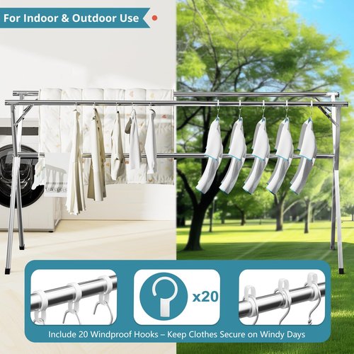JAUREE 79 Inches Clothes Drying Rack, Drying Rack Clothing Folding Indoor Outdoor, Heavy Duty Stainless Steel Laundry Rack, Foldable Portable Large Clothes Rack Garment Rack with 20 Windproof Hooks