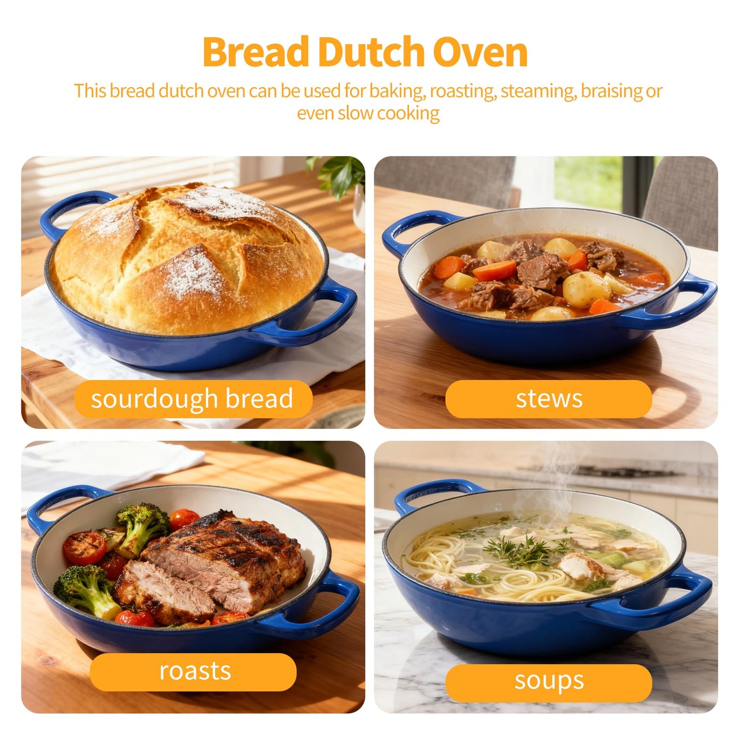 ONKO Dutch Oven For Sourdough Bread Baking, 6QT Enameled Cast Iron Dutch Oven Pot With Lid, Non-stick Sourdough Baking Pan with Bread Dome, Round Ceramic Dutch Ovens Pot with Cloche for Homemade