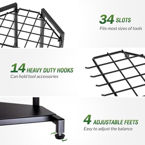 Garden Tool Organizer | Skiennix Heavy Duty Metal Rack with 34 Compartments & 14 Hooks for Efficient Storage