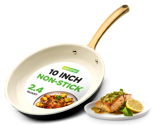 NutriChef 10-Inch Professional Ceramic Frying Pan - Medium Skillet with Golden Titanium Handle, Non-Stick Ceramic Coating, Stain-Resistant, Easy to Clean, Ideal for Home Cooking