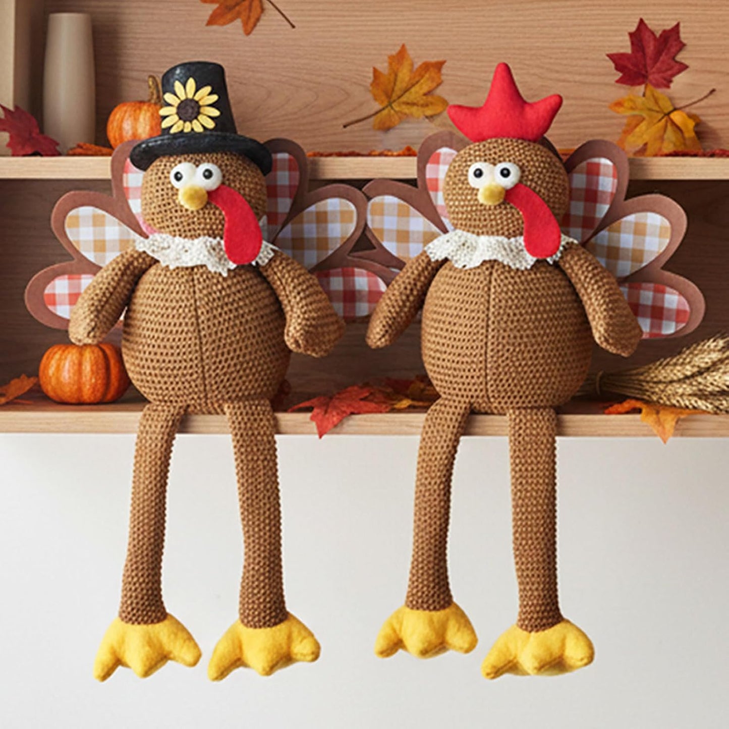 Skiennix Christmas Decorations - Set of 2 Turkey Plush Dolls with Dangling Legs | Fall Harvest Home Decor (Brown)