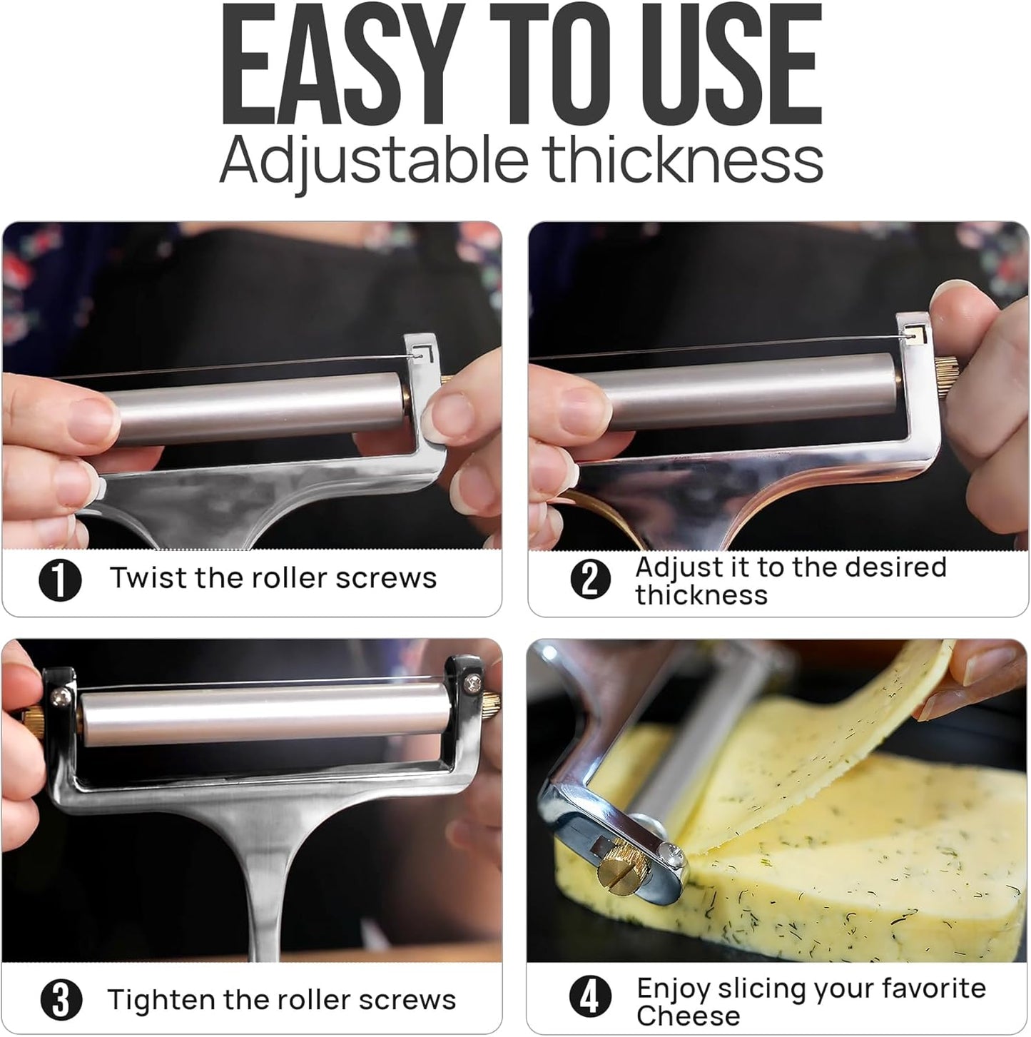 Zulay Kitchen Stainless Steel Cheese Slicer - Adjustable Handheld Cutter with 2 Extra Wires | Premium Shaver for Mozzarella, Cheddar, Gruyere - Silver
