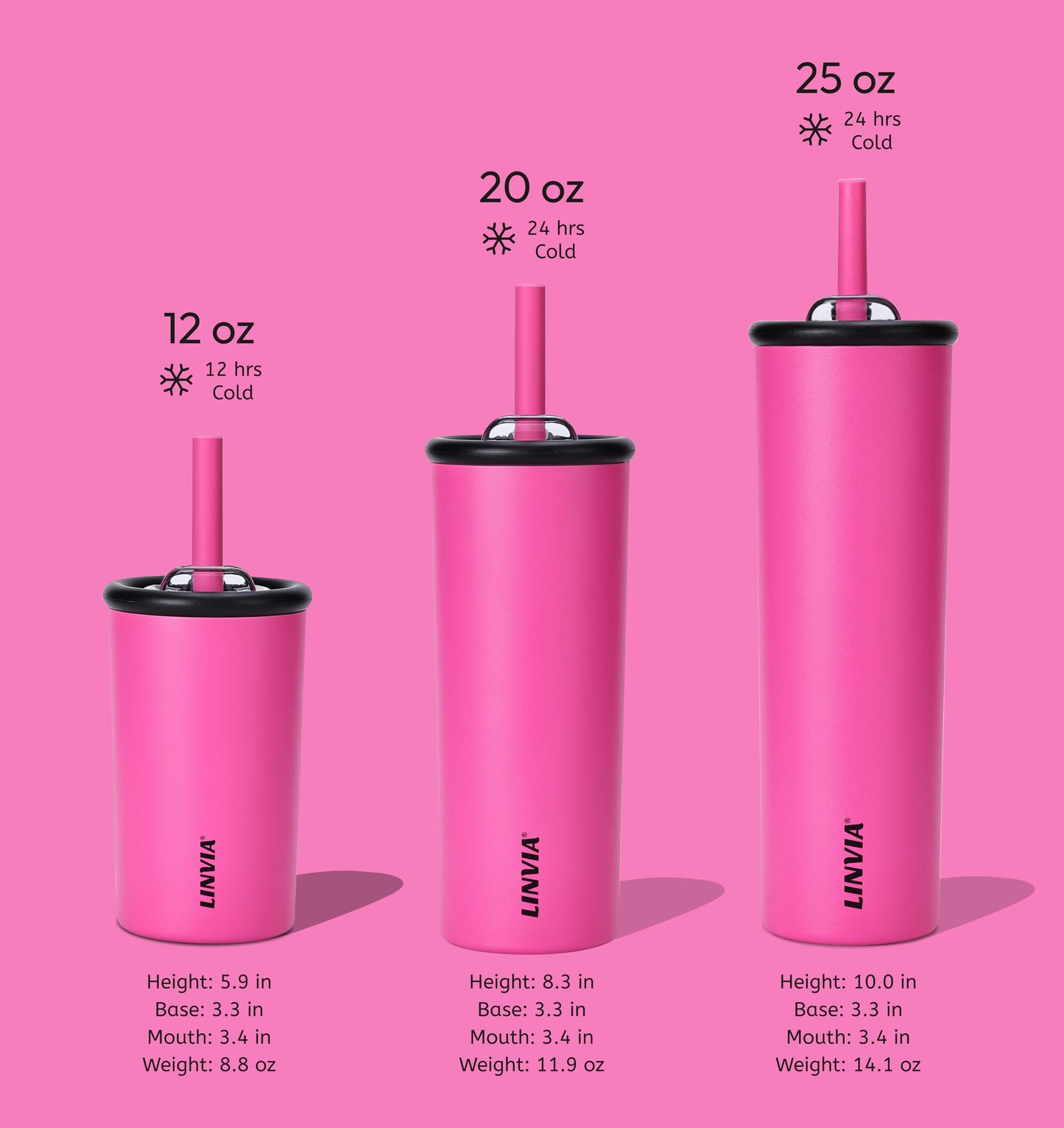 LINVIA Candy Tumbler, 12 oz Kids Insulated Stainless Steel Water Bottle with Spill Resistant Silicone-Metal Straw and 2-in-1 Lid, BPA-Free, Cup Holder Friendly, Dishwasher Safe, Hot Pink