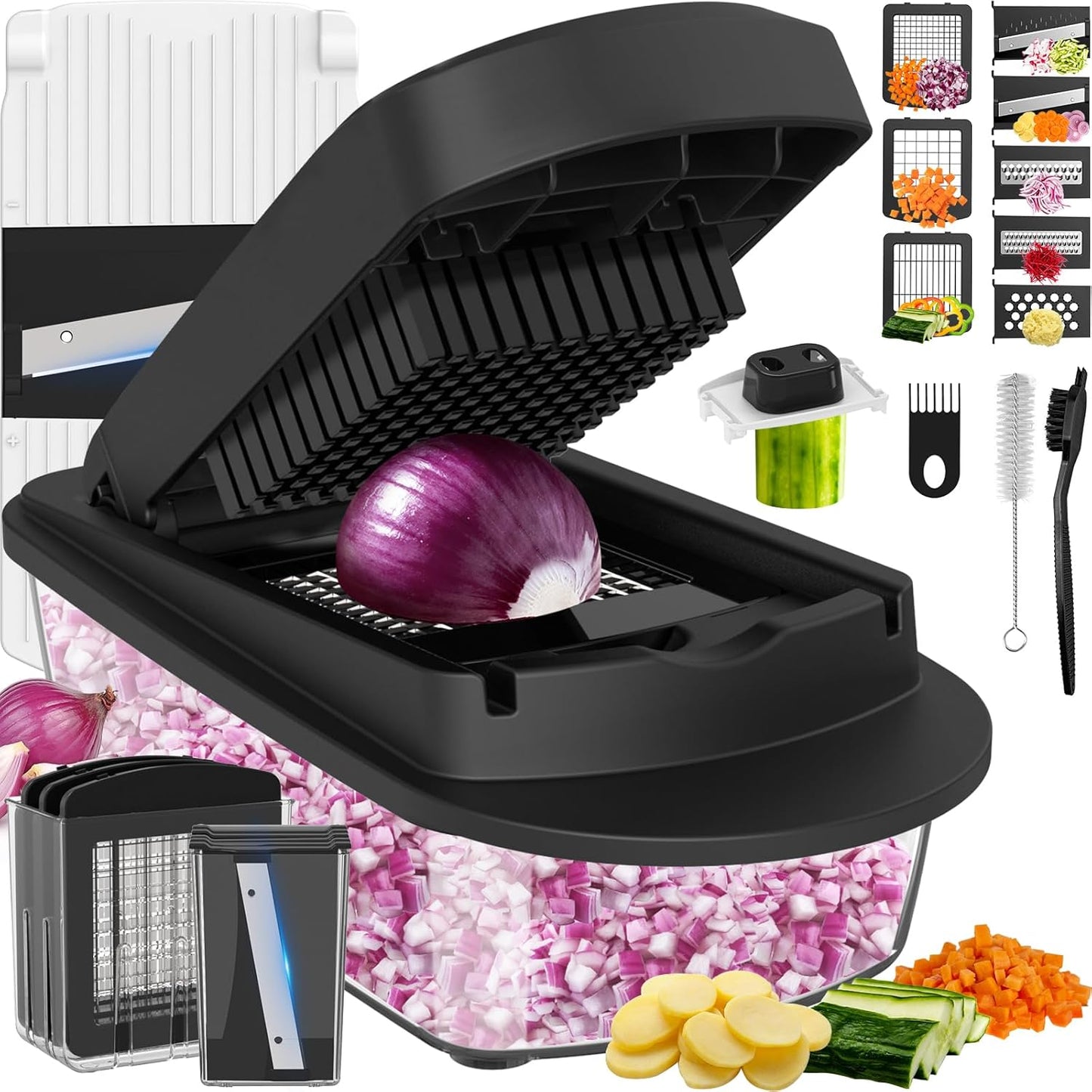 Skiennix 8-Blade Vegetable Chopper - All-in-One Mandoline Slicer with Container | Black Kitchen Essential
