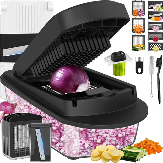 Skiennix 8-Blade Vegetable Chopper - All-in-One Mandoline Slicer with Container | Black Kitchen Gadget