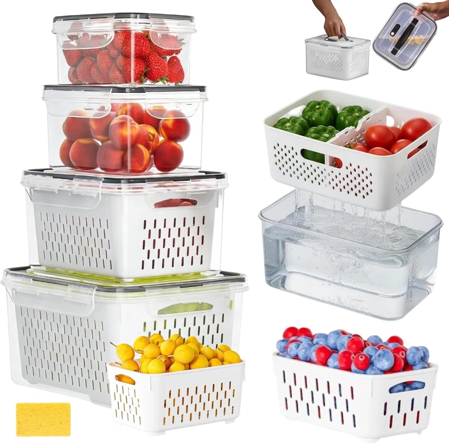 SnowSky 4PCS 2-in-1 Fruit & Veggie Fresh Box - Airtight Leak-Proof Storage with Detachable Colander & Divider