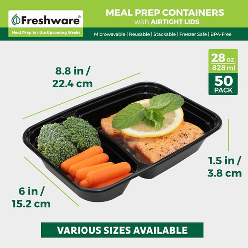 Freshware Meal Prep Containers - 50 Pack 2-Compartment Food Storage Bento Boxes | BPA-Free, Stackable, Microwave Safe (28 oz)