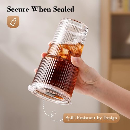 GOSCHE 20oz Glass Tumblers - Ribbed Iced Coffee Cups with Straws & Lids | Leak-Proof, Dishwasher Safe, Clear - 4 Pack