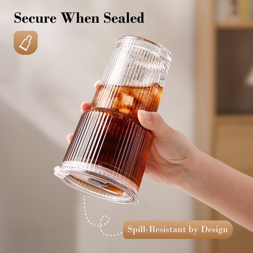 GOSCHE 20oz Glass Cups with Lids and Straws, Reusable Iced Coffee Cups, Thickened Glass Tumbler Set Ideal for Juices, Smoothies, Cocktails, and Beverage, Clear, 6 Pack