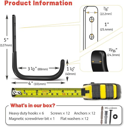 **Skiennix Heavy Duty Garage Hooks - 6 Pack 4-Inch Wall Mount Tool Organizers | Holds Up to 55 lbs**