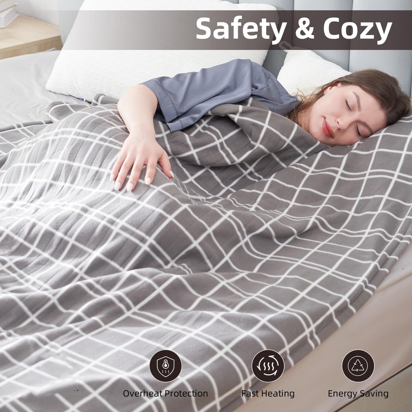 Eydna Electric Heated Blanket Queen Size 84"x90", Soft Fleece with 10 Hours Auto-Off & 4 Heating Levels, Dual Control and Machine Washable, LightGray Plaid