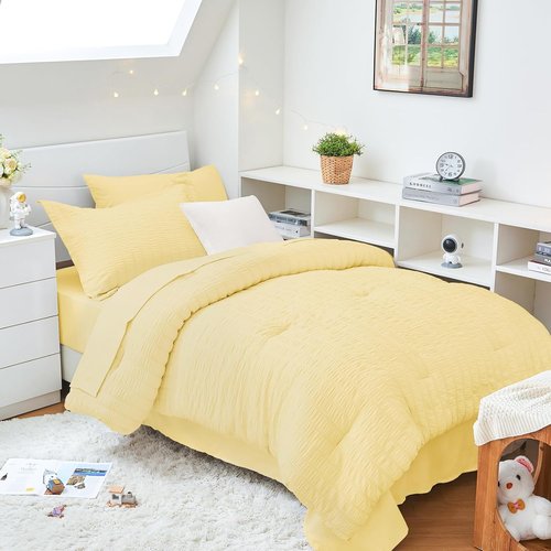 HYMOKEGE Twin XL Comforter Set - Luxury 5-Piece All-Season Bedding in Yellow Seersucker