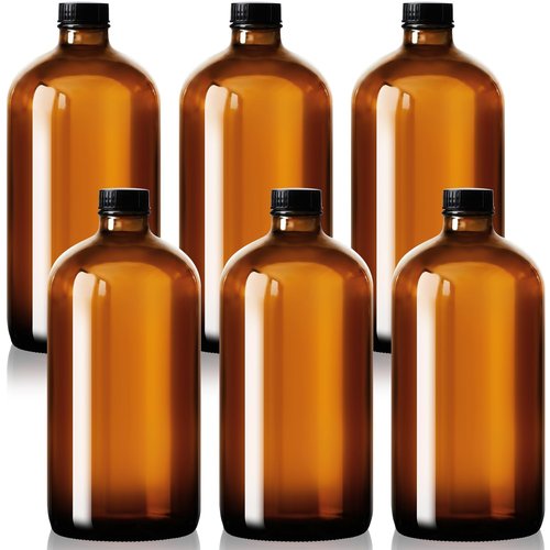 Cinnvoice 6 Pcs 32 oz Amber Boston Glass Bottles Brown Glass Bottles with Airtight Lids Quart Sized Beer Growler Dark Juice Jars for Kombucha Brewing Essential Oils Vanilla Extract Lab Holiday Gift