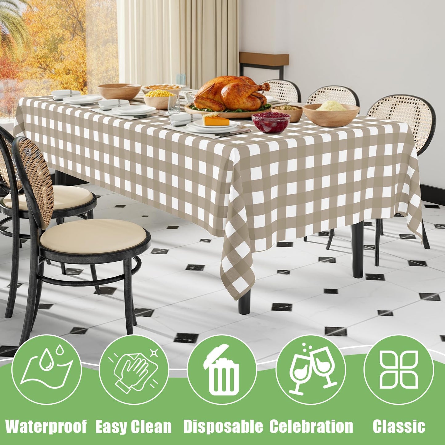 Smiry 3 Pack Khaki Gingham Disposable Tablecloths - 54" x 108" Heavy Duty Plastic Table Cloth, Waterproof Buffalo Plaid Table Covers for Picnic, Banquets, Outdoor Parties