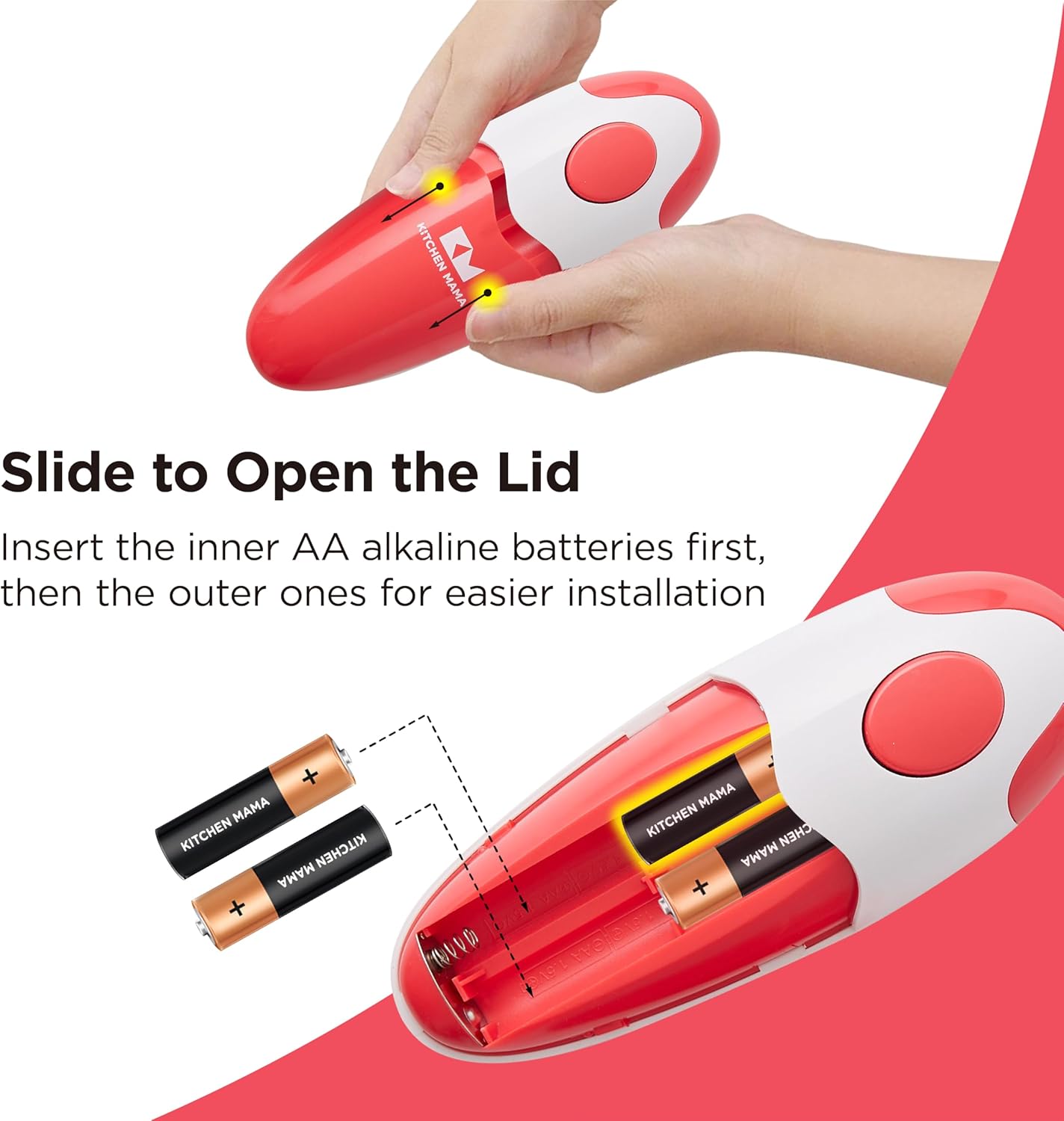 Kitchen Mama Electric Can Opener - Automatic Hands-Free Operation with Smooth Edge | Battery Operated (Red)