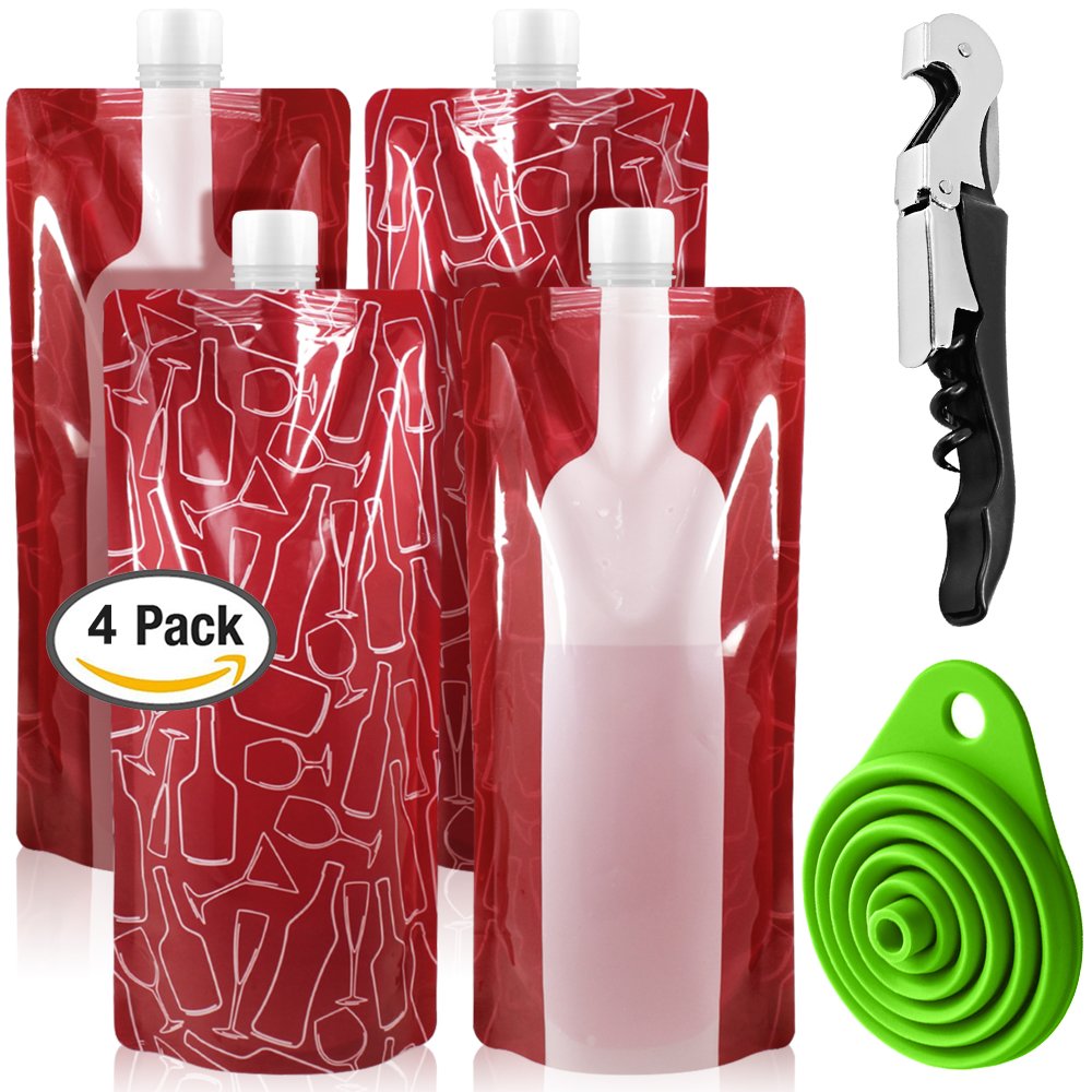 SENAI 4-Pack Foldable Flask Holder, Reusable 750ml Plastic Pouch, Portable Leak-Proof, Perfect for Liquor, Travel, Gift - Red