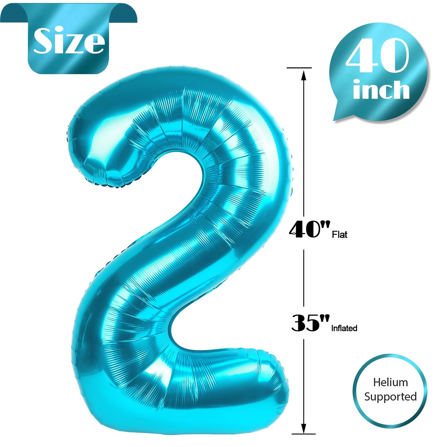 Light Blue Number 2 Balloon 40 Inch, 2nd Birthday Decoration for Toddlers Girls Boys, Sparkling 2 Number Balloon Party Decor