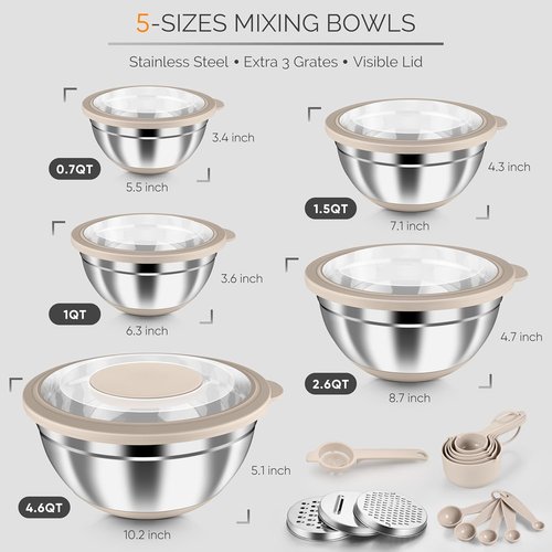 HaWare Mixing Bowls - 24-Piece Stainless Steel Set with Airtight Lids & Graters | Khaki, 4.6QT to 0.7QT