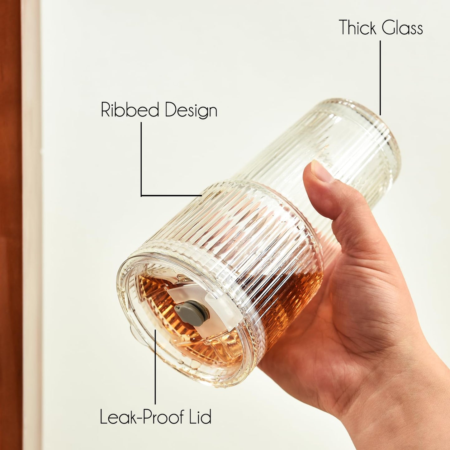 ALINK 20 oz Ribbed Glass Tumbler with Lids and Straws, Ripple Iced Coffee Cups, Thickened Drinking Glasses for Coffee, Smoothies, Cocktail, Juice, Cold Drinks, Pack of 2 - Clear