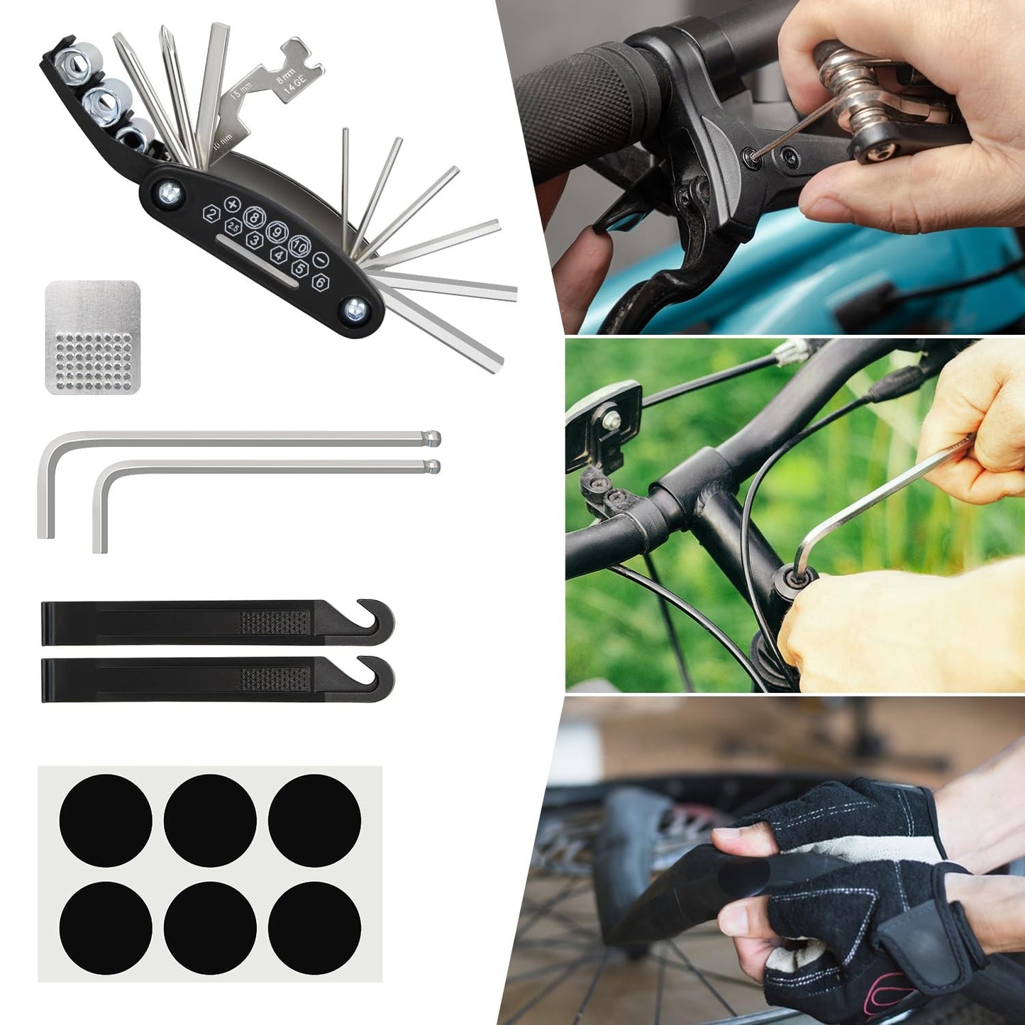 PXZBLG Bike Repair Kit, Bike Bicycle Frame Storage Bag, Waterproof Bike Triangle Bag, 16-in-1 Bike Multitool, Bicycle Tire Repair Kit, 4mm and 5mm Allen Wrenches for Mountain Road Bike, MTB