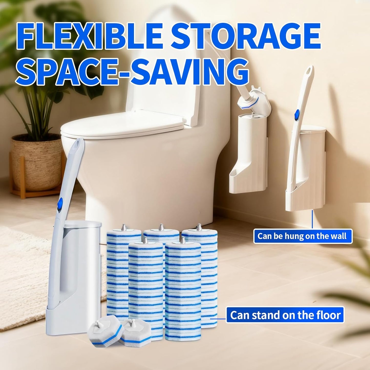 Skiennix Disposable Toilet Brush Set - 60 Replacement Heads & Storage Case for Deep Cleaning