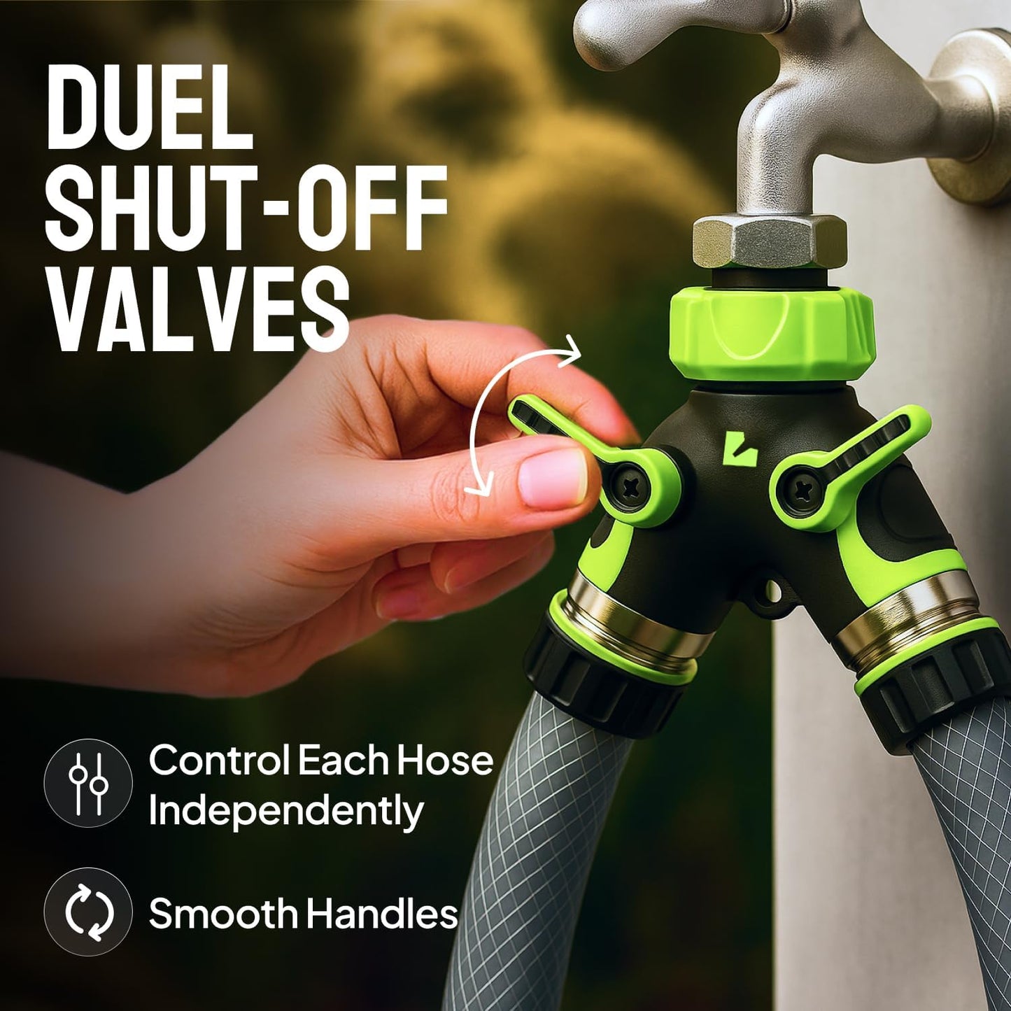 LIME Heavy Duty 2-Way Hose Splitter - Metal Y Connector with Shutoff Valves | 3/4 Inch GHT Adapter