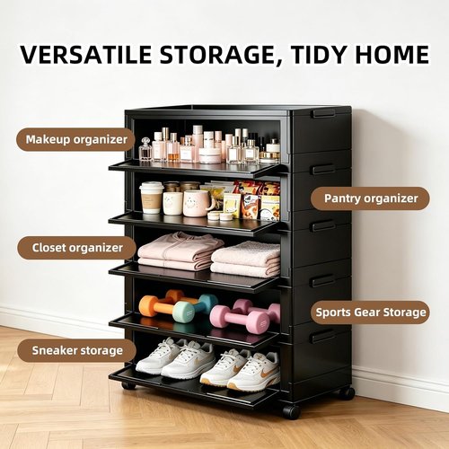 300QT Foldable Storage Cabinet - 5-Tier Organizer with Magnetic Door & Wheels | Space-Saving Red Unit for Dorm, Apartment, Office