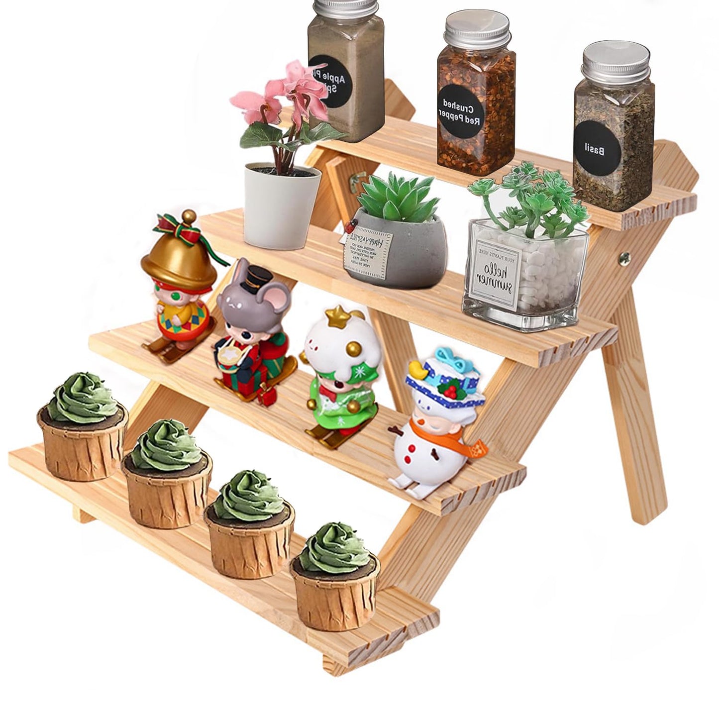 Halyuhn 4 Tier Cupcake Stand, 15” Wooden Cupcake Display Stand, Wood Spice Rack Organizer for Countertop, Wooden Rustic Display Stand for Business Card, Magazine, Poster and Farmers Market, 1Pcs