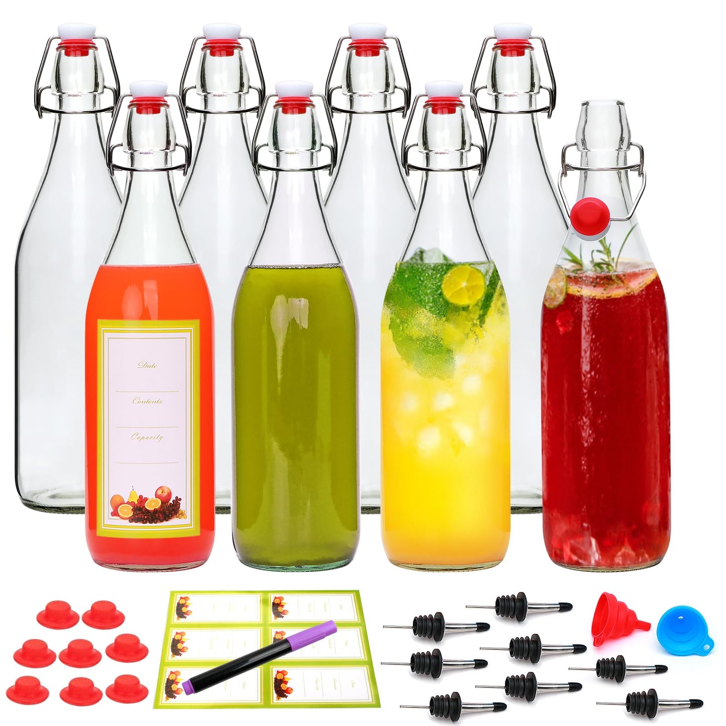 Woaiwo-q 8 Pack 32oz Swing Top Glass Bottles,Flip Top Brewing Bottle with Airtight Stopper Lids, for Juice, Water, Kombucha, Wine, Beer Brewing, Kefir Milk or Eggnog(Bonus Gaskets and Funnel)