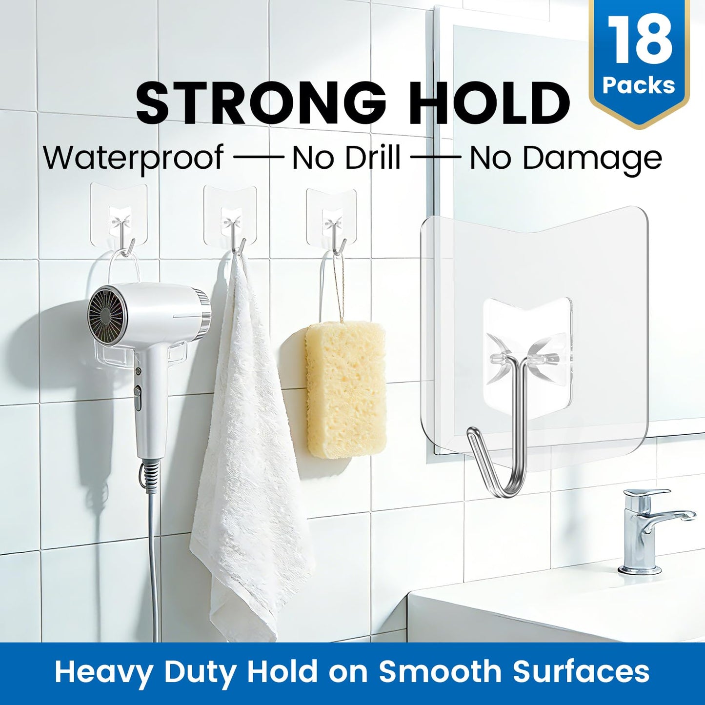 Heavy Duty Adhesive Hooks 18 Pack - Holds 15 lbs, No Drill Stick Plastic Hook Hangers for Hanging Towel Shower Bathroom, Kitchen, Cabinet - Strong Wall Hanger for Ornaments, Apartment Bedroom