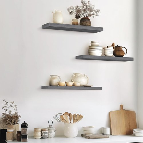 BAYKA Floating Shelves - Rustic Grey Wall-Mounted Wood Shelves for Bathroom, Bedroom & Living Room | Set of 3, 22.5 Inches