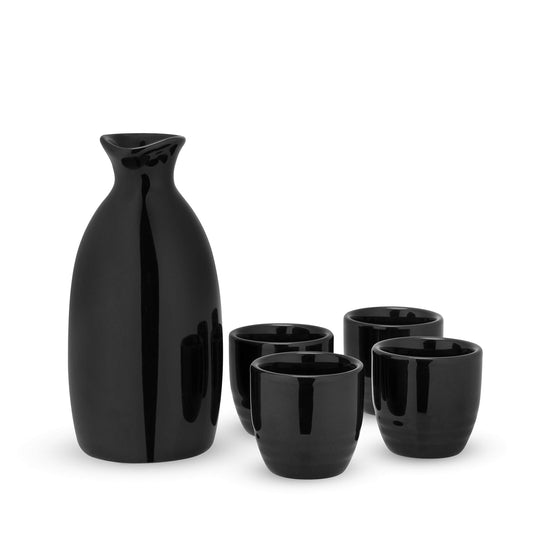 True Moga Sake Set, Pitcher and tumbler set for Sake, Japanese Style Sake Stoneware, Four 3.5 oz Cups and one 8 oz. Carafe, Fire glazed Porcelain, Set of 5, Black