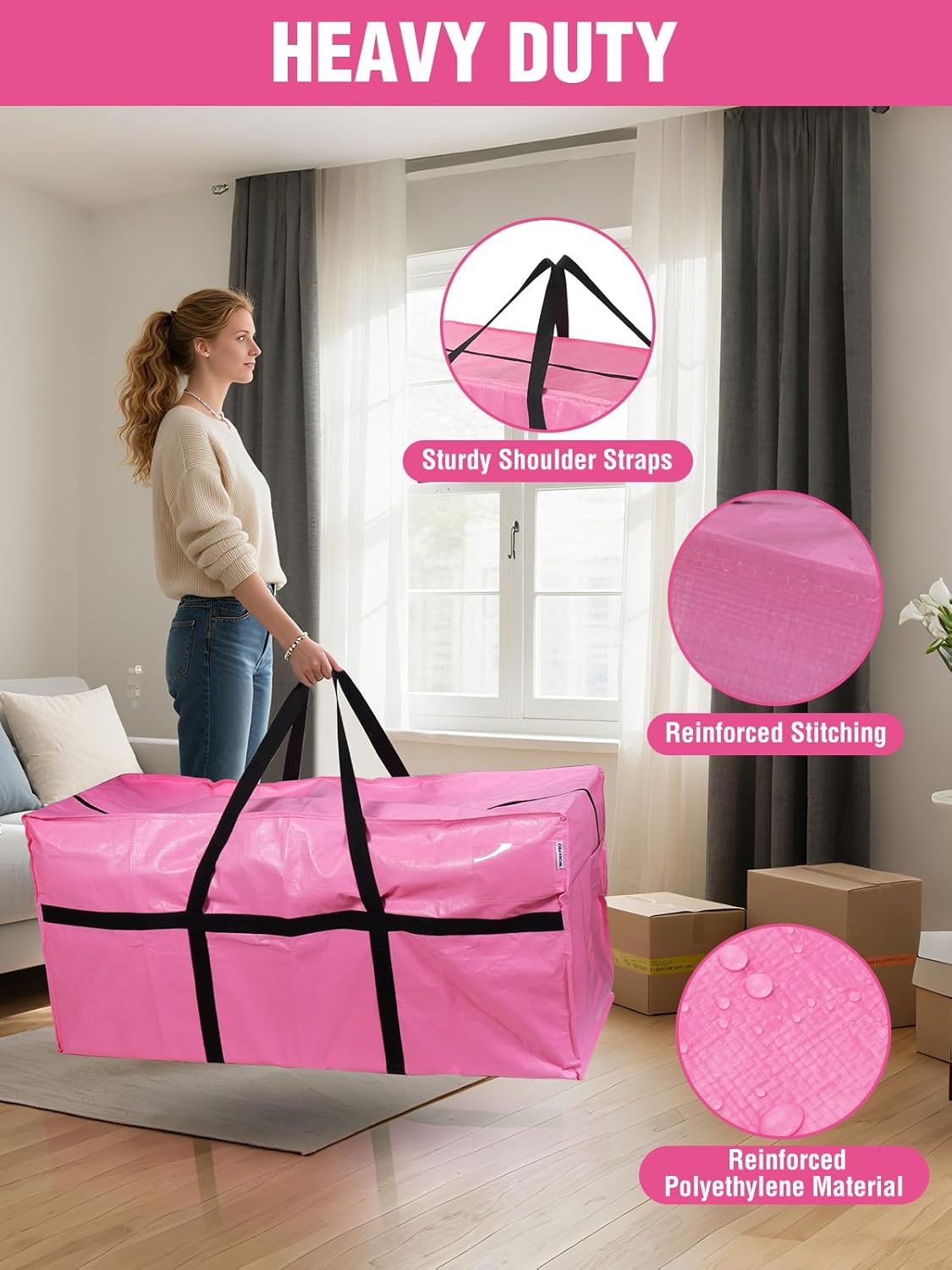 WORKPRO 66 Gallon Extra Large Heavy-Duty Moving Bags - Water-Resistant Storage Totes, 2-Pack | Pink