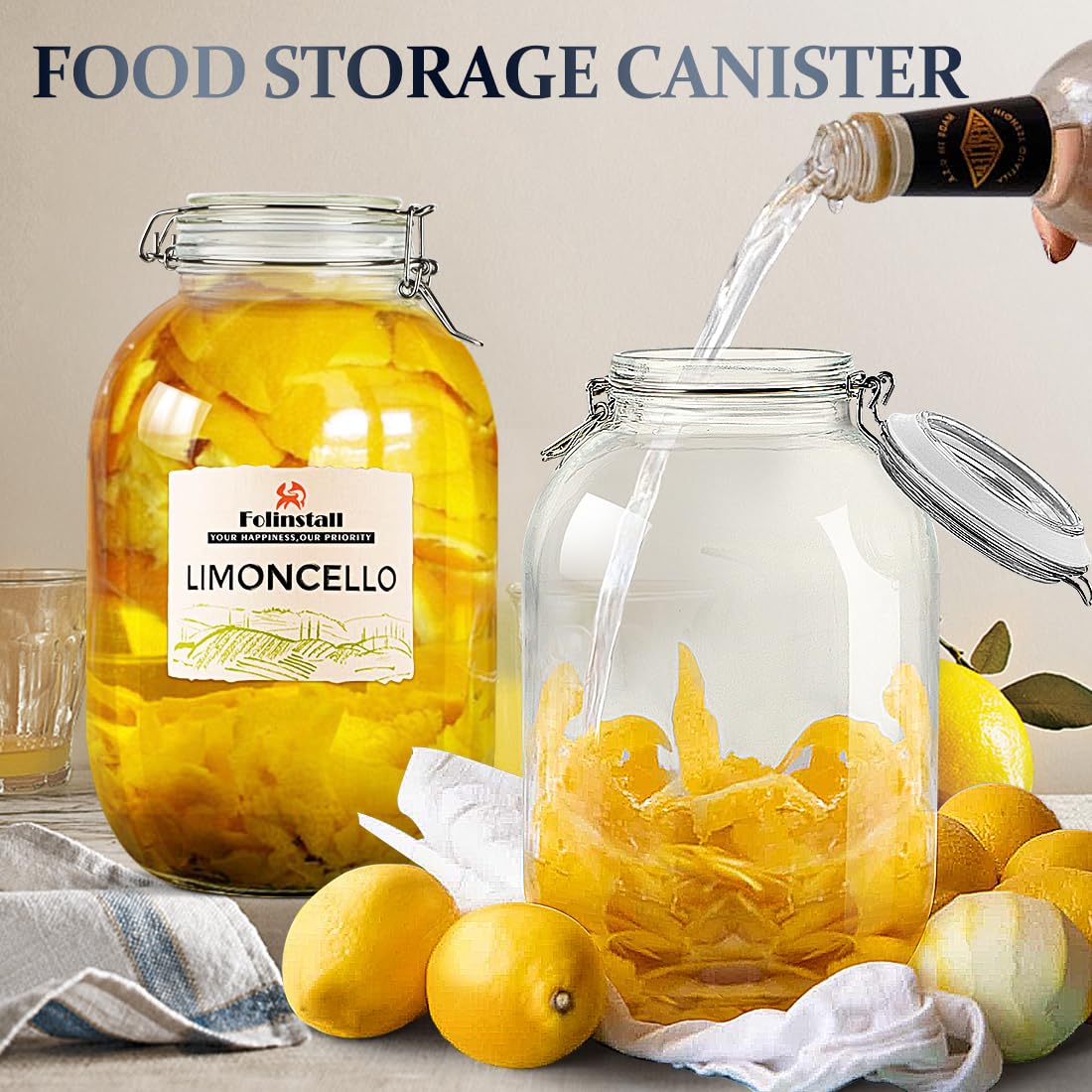 Folinstall Gallon Glass Jar with Airtight Lid - Large Mason Jar for Pickled Eggs, Kombucha, Limoncello, Sun Tea (Extra Gasket)