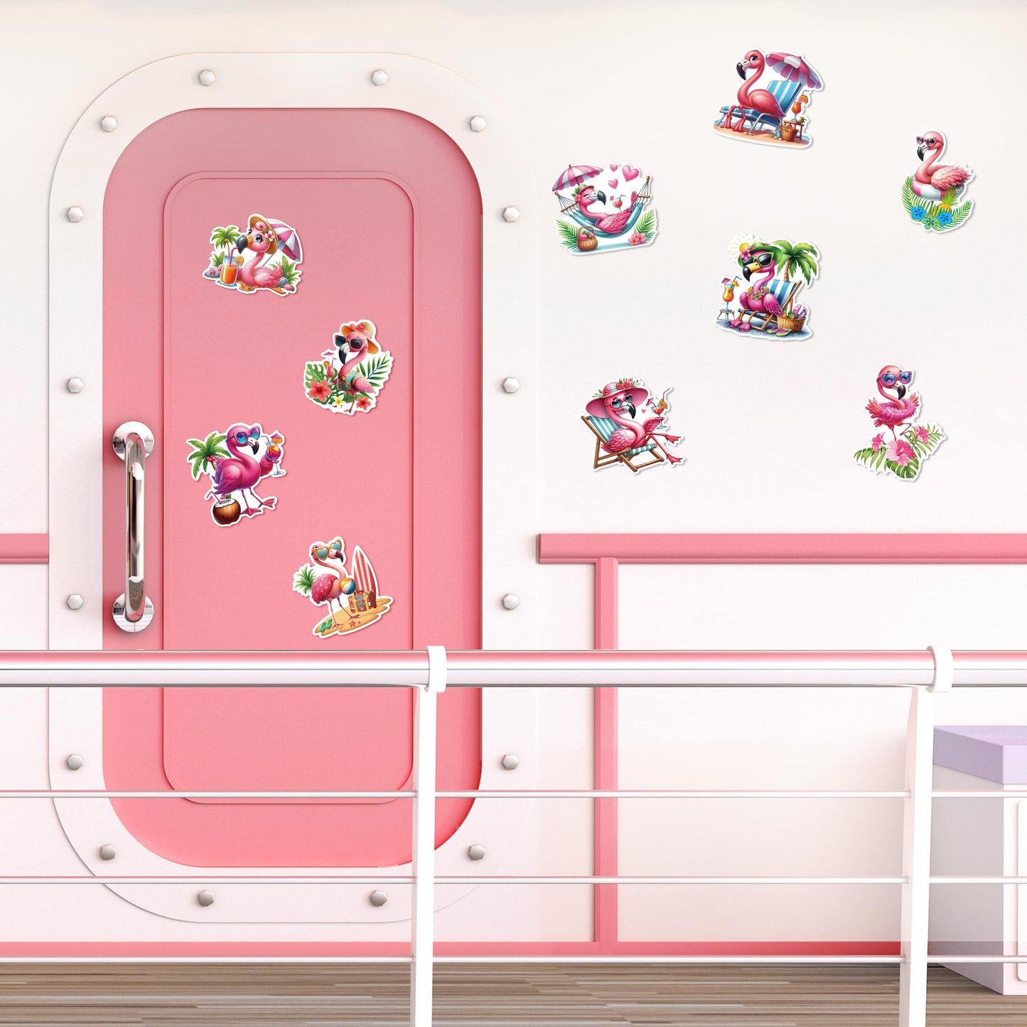 JAPBOR Cruise Door Decorations Magnetic - 10PCS Summer Flamingo Cruise Magnet, Tropical Flamingos Car Ship Refrigerator Magnets Decal, Funny Hawaii Fridge Magnetic Stickers for Home Kitchen Decor