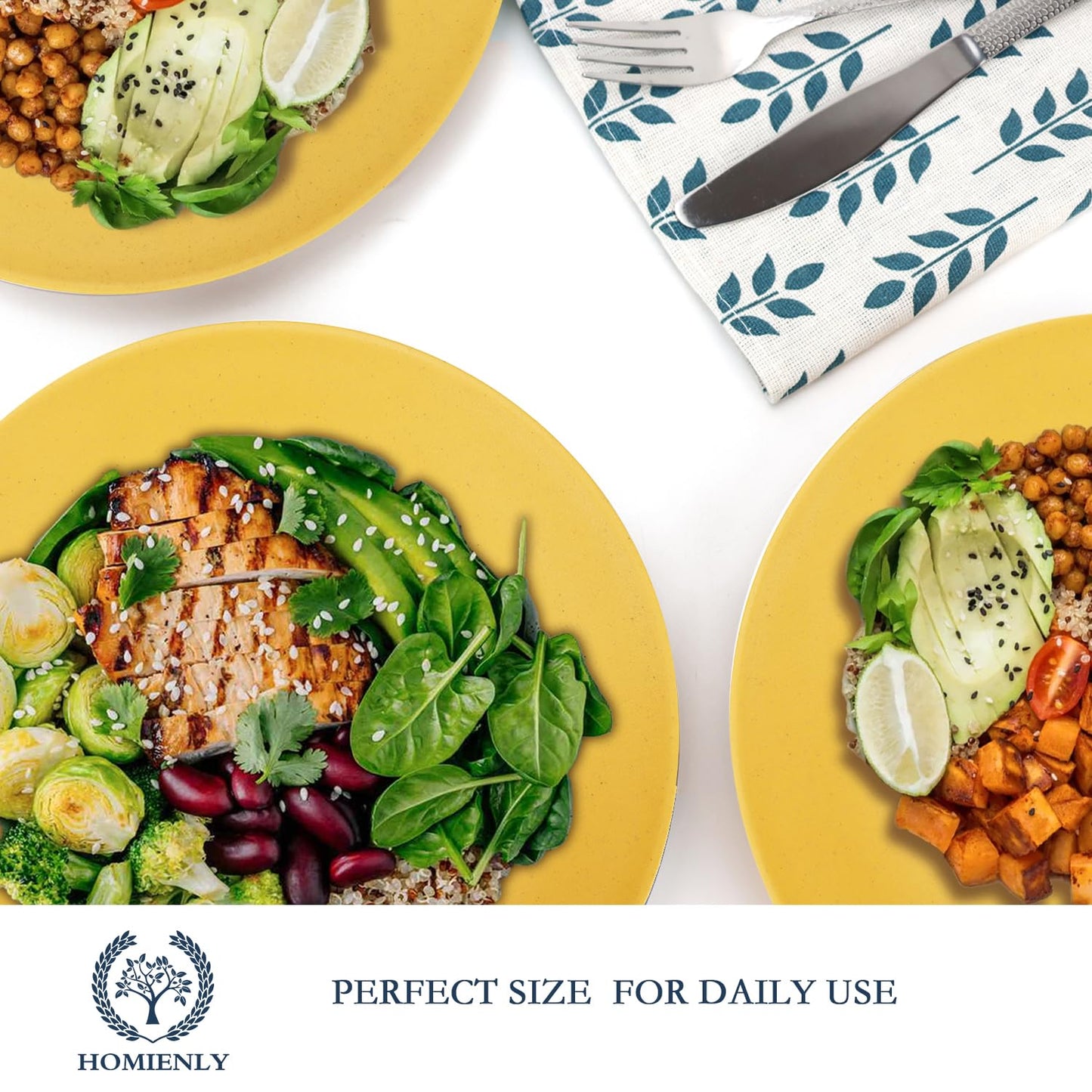 Homienly Flat Dinner Plates Set - 8 Microwave & Dishwasher Safe Wheat Straw Plates, Unbreakable, 9 inch Yellow