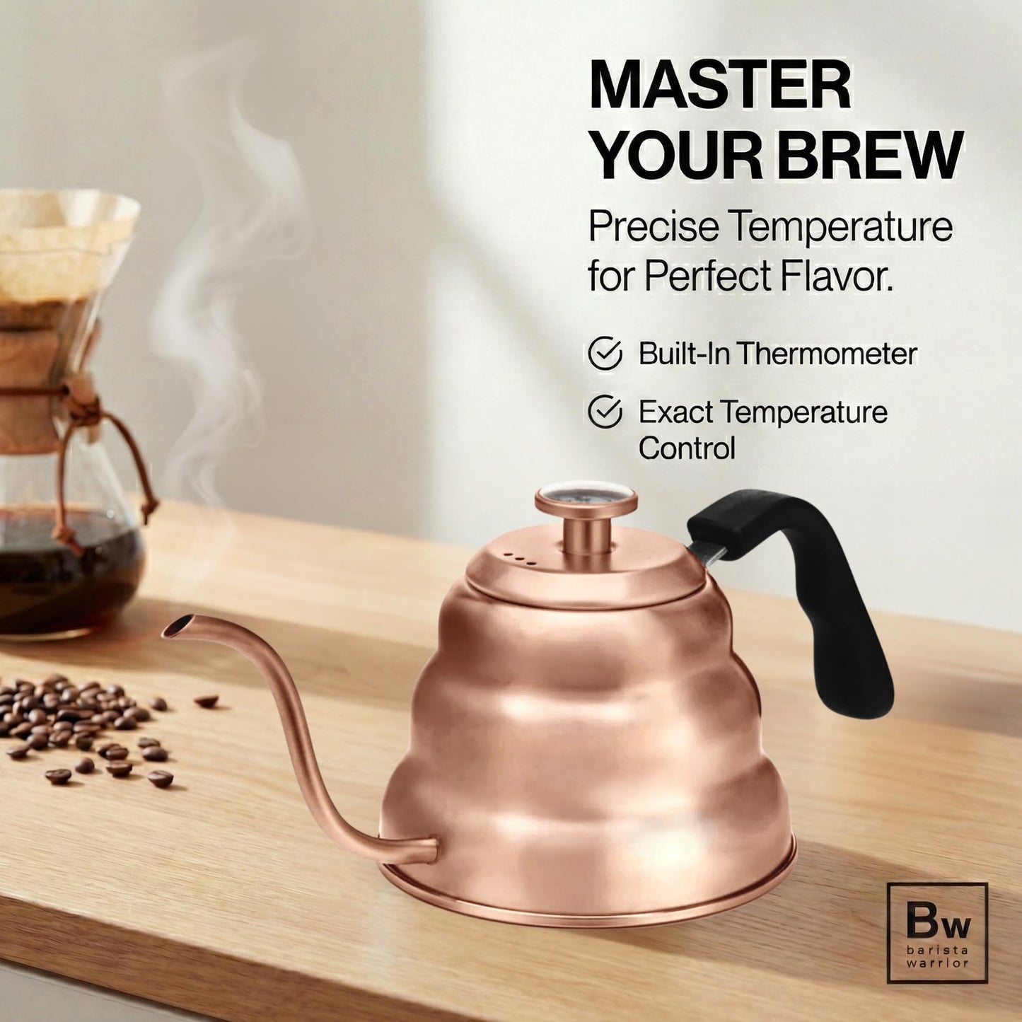 Barista Warrior Gooseneck Kettle with Thermometer - 1.2L Pour Over Coffee & Tea Kettle, Copper Coated Stainless Steel Gooseneck Kettle Pot, Precision Pour Drip Spout, Suitable for All-Stoves (40 floz)