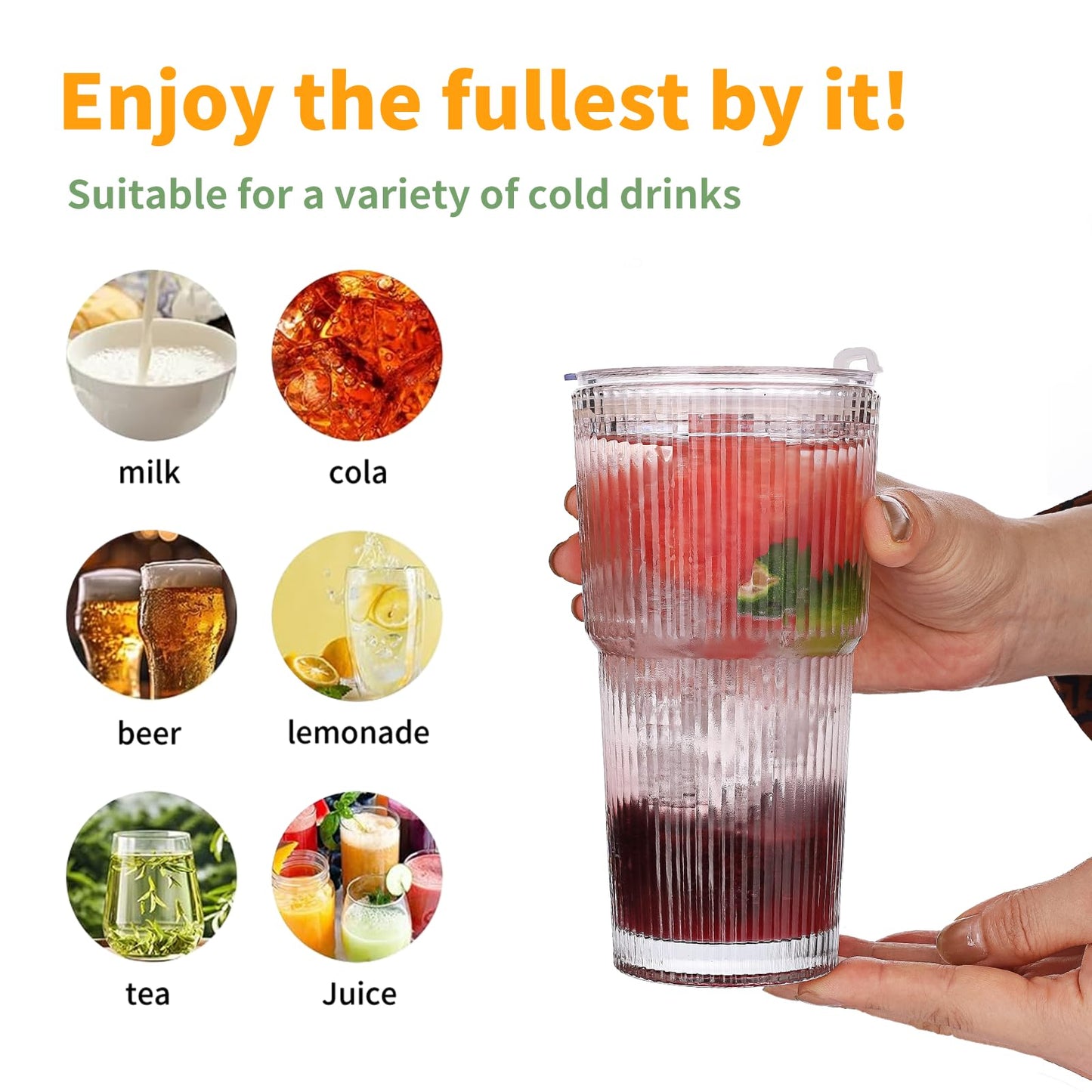 Salpae Glass Cups with Lids and Straws – 20oz Glass Tumbler with Straw and Lid, Reusable Iced Coffee Cup, Smoothie & Tea Glass, Ideal for Home, Office, Travel, 4 Pack