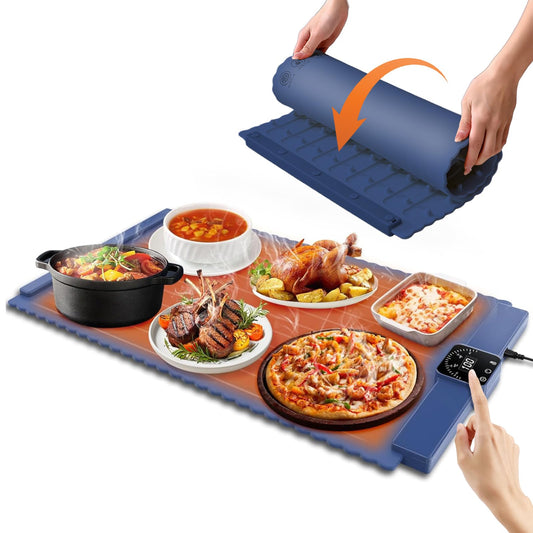 Warming Mat for Food, Electric Warming Tray with 5 Temp-Settings & 2 Hours Timer, Foldable Electric Warming Tray–Roll Up Food Warmers or Thawing