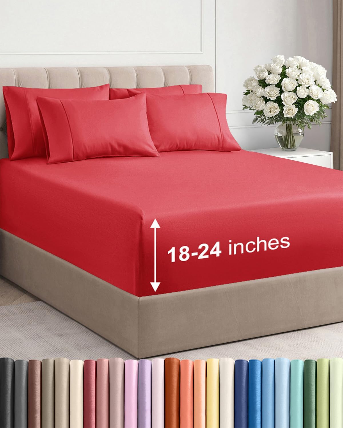 Skiennix Extra Deep King Sheet Set - 6 Piece Breathable Cooling Bedding - Soft, Wrinkle-Free Red Sheets