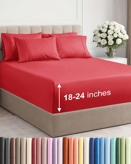 Skiennix Extra Deep King Sheet Set - 6 Piece Breathable Cooling Bedding - Soft, Wrinkle-Free Red Sheets