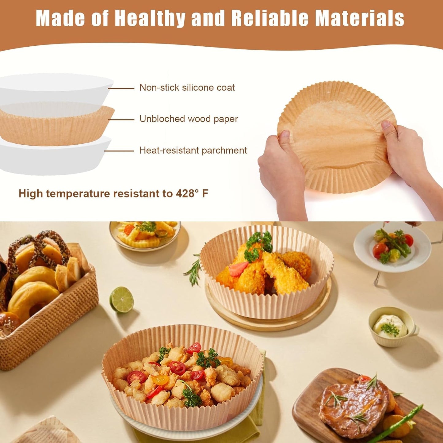Skiennix Air Fryer Liners - 100PCS Non-Stick Parchment Paper, 6.3 Inch Round for 2-5QT Air Fryers | Baking & Roasting