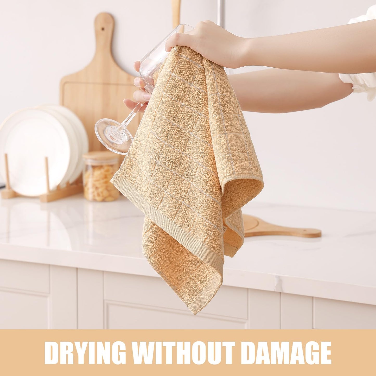 Homaxy 100% Cotton Terry Kitchen Towels(Apricot, 13 x 28 inches), Checkered Designed, Soft and Super Absorbent Dish Towels, 6 Pack